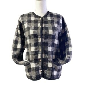 Crystal Kobe Vtg Cardigan Sweater black Plaid Sz Med